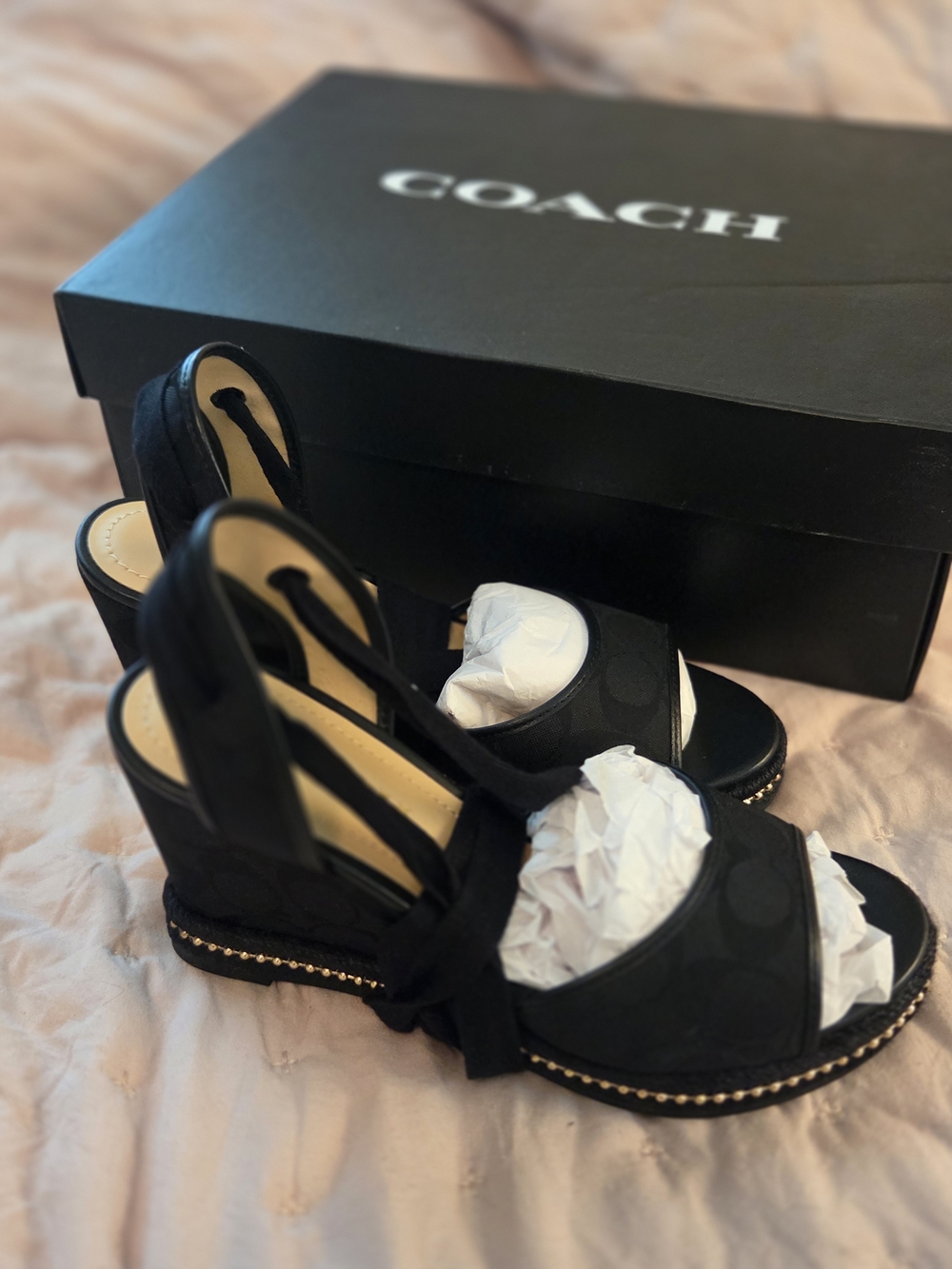 Coach Page Signature Black Logo Espadrille Wedge Sandals with Tie-Strap - Picture 3 of 7